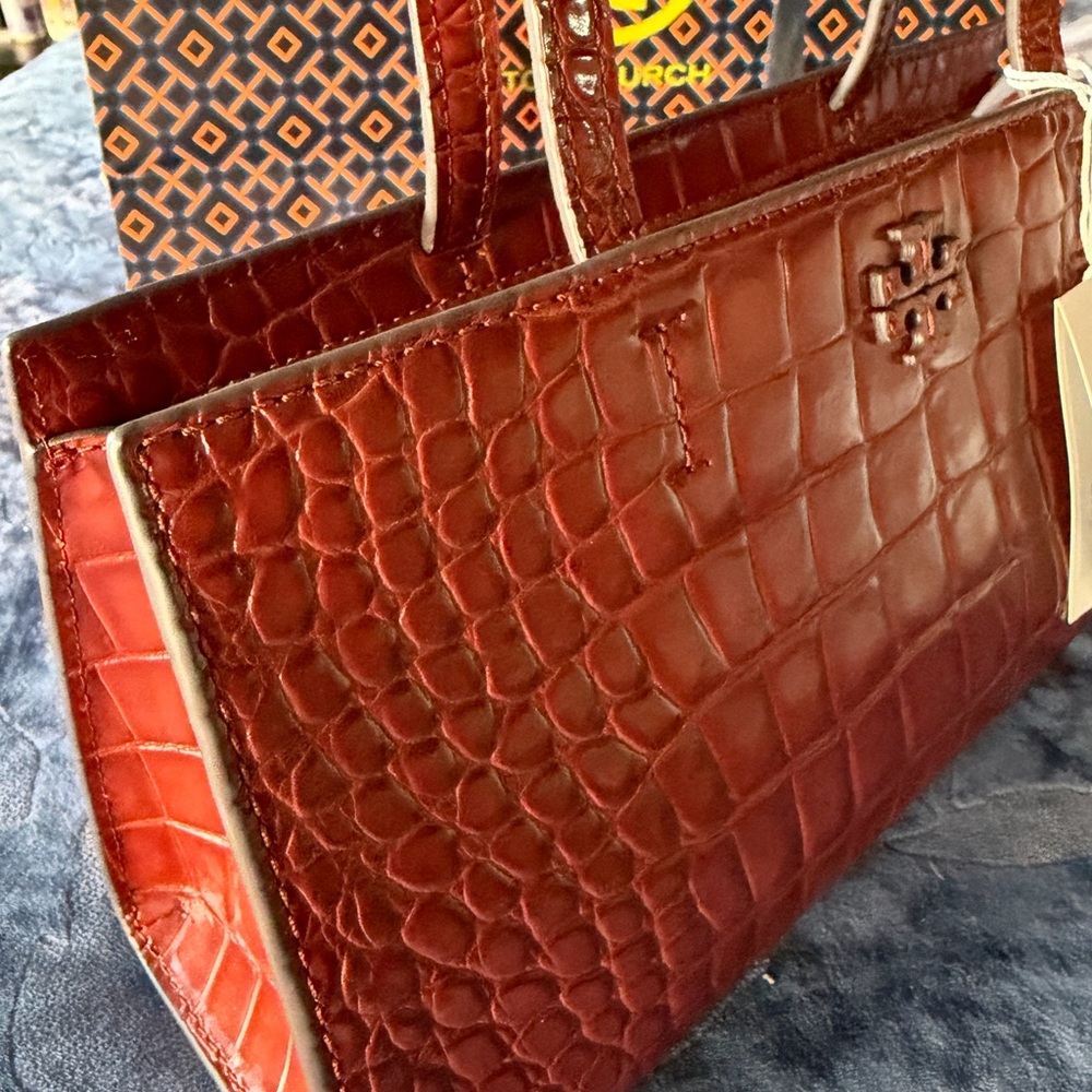 Tory Burch Cognac Croc Embossed Handbag - Picture 8 of 14